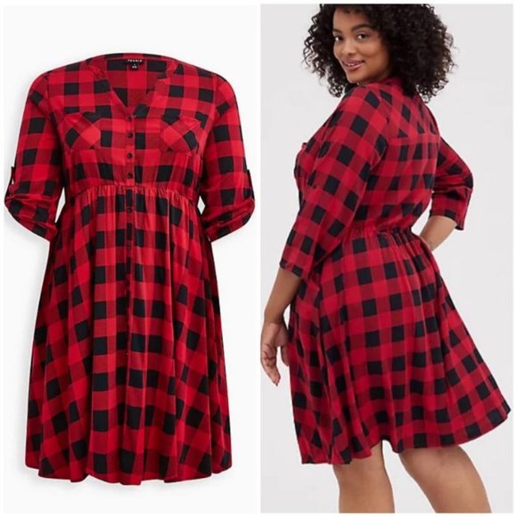 Torrid Red and Black plaid challis shirt dress SIZE 4 - Picture 1 of 6